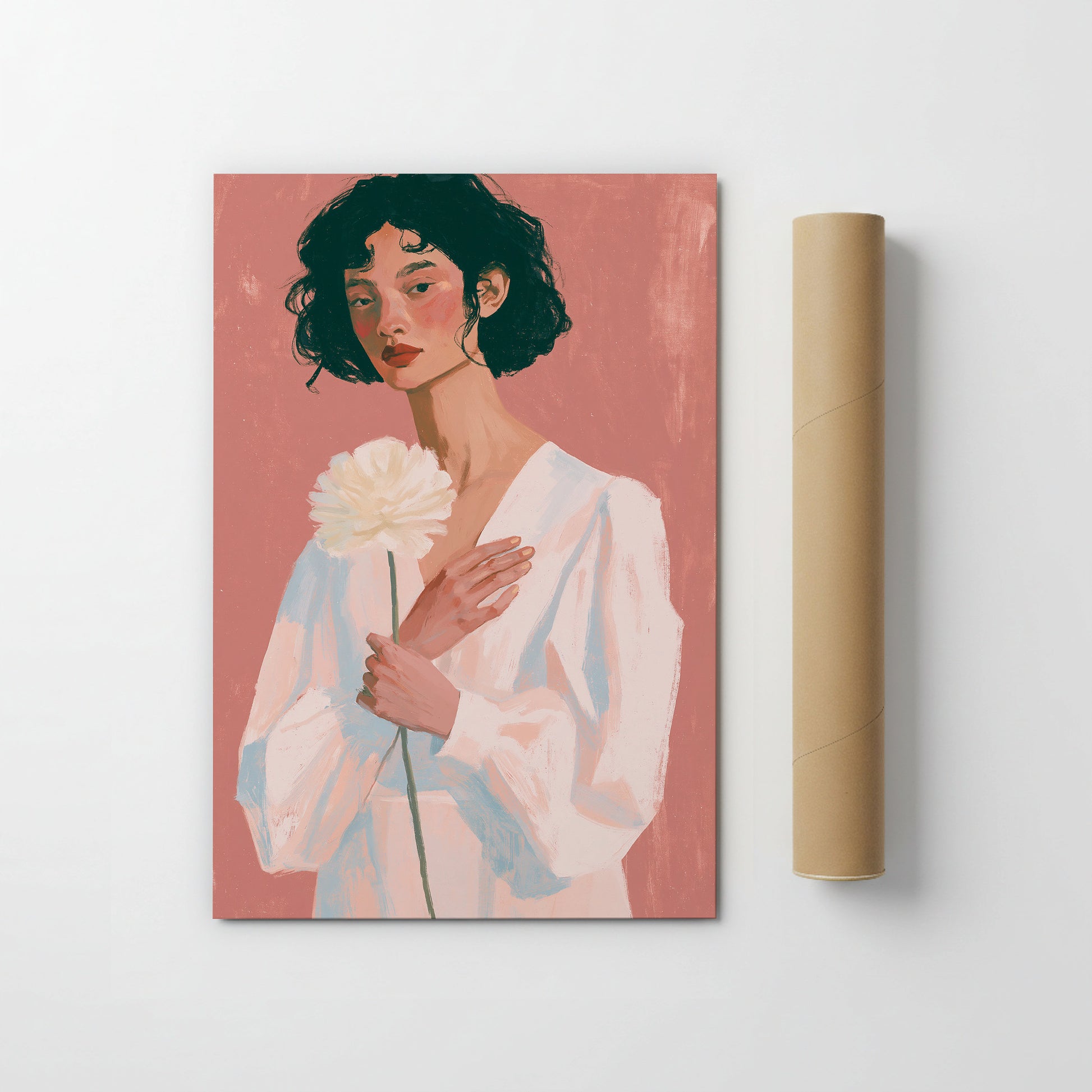 A woman with curly hair is holding a white flower in the image.