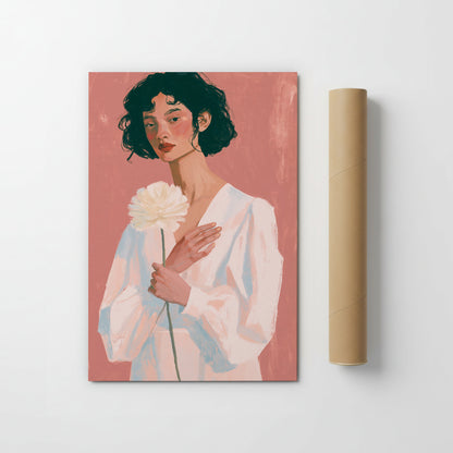 A woman with curly hair is holding a white flower in the image.