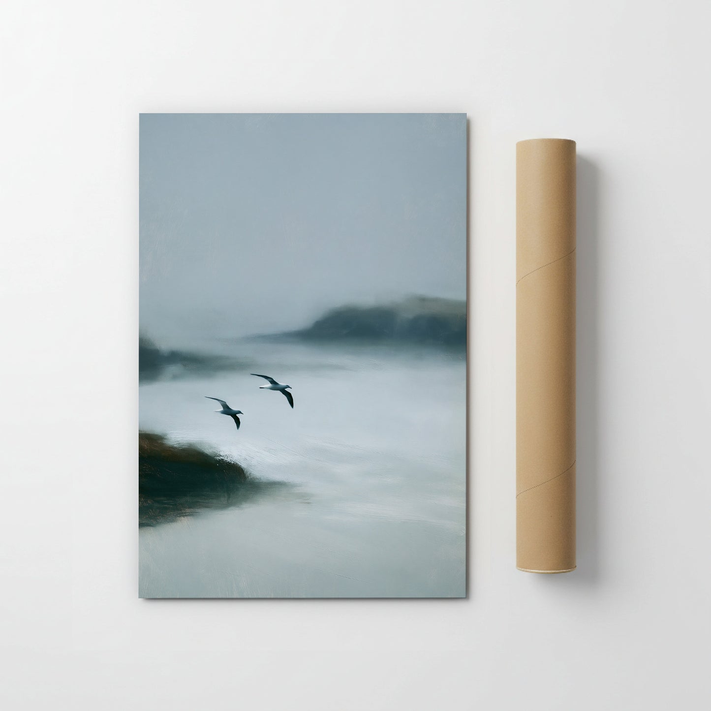 two birds flying over a misty, foggy landscape.