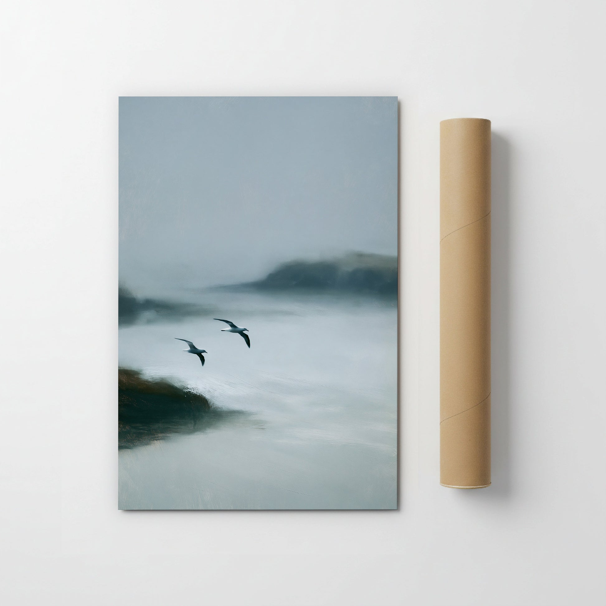 two birds flying over a misty, foggy landscape.
