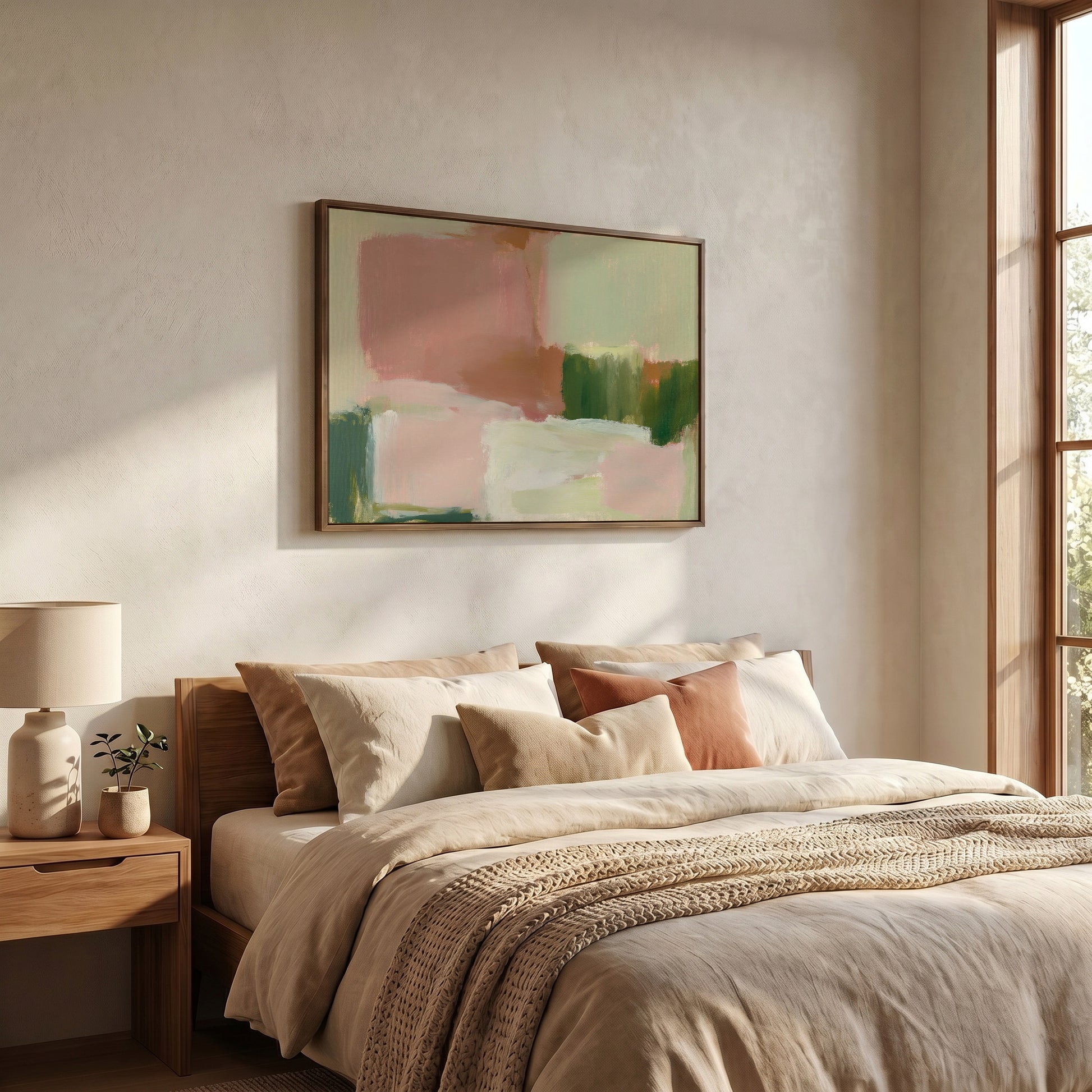 a serene and cozy bedroom with a large bed adorned with beige bedding and a wooden headboard. Above the bed, a framed abstract painting in shades of pink and green adds a touch of artistic flair to the room. The room is well-lit, with natural light streaming in from a window on the right side, creating a warm and inviting atmosphere.