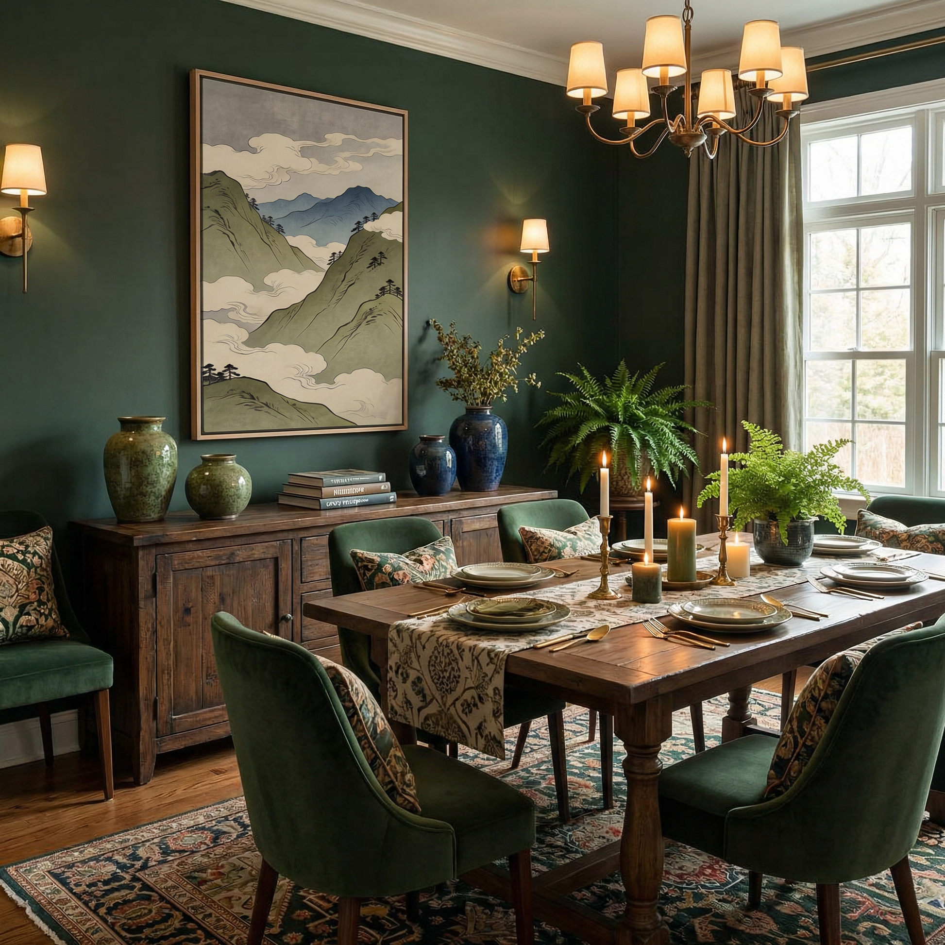 Asian mountain landscape art print in natural wood frame.