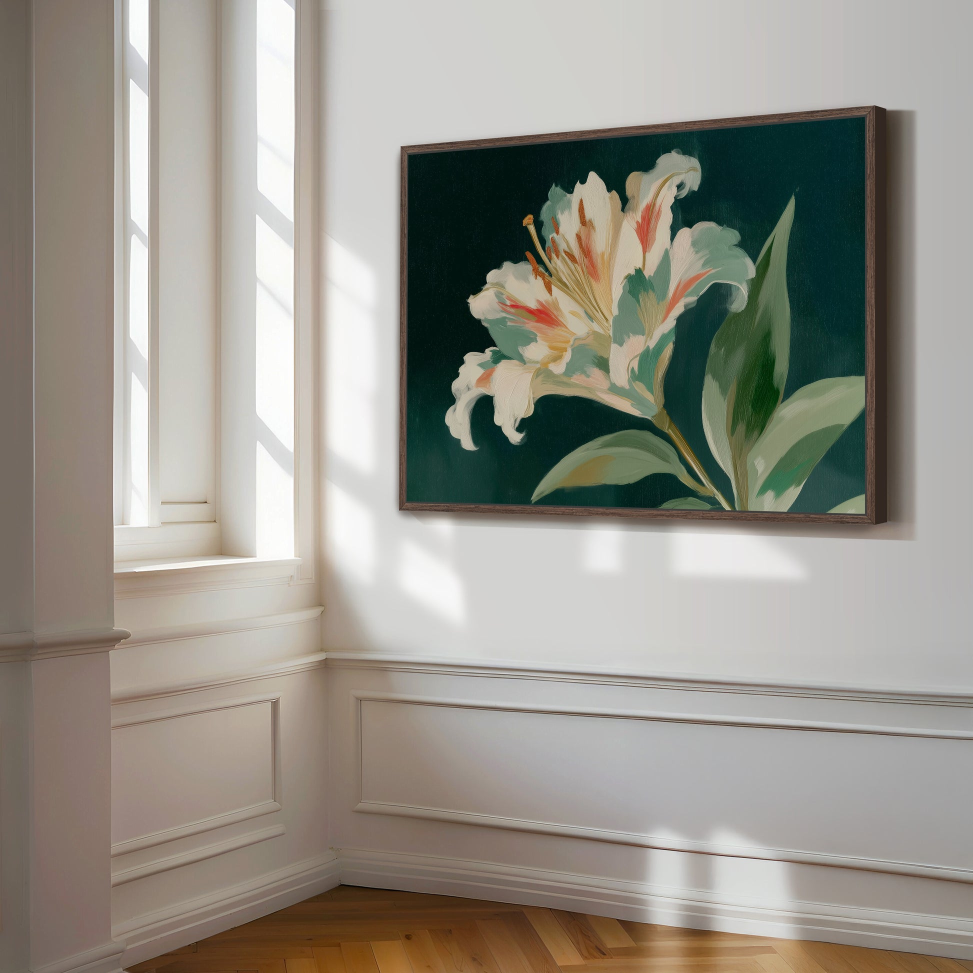 a large, vibrant painting of a lily flower hanging on a white wall in a room with a wooden floor.