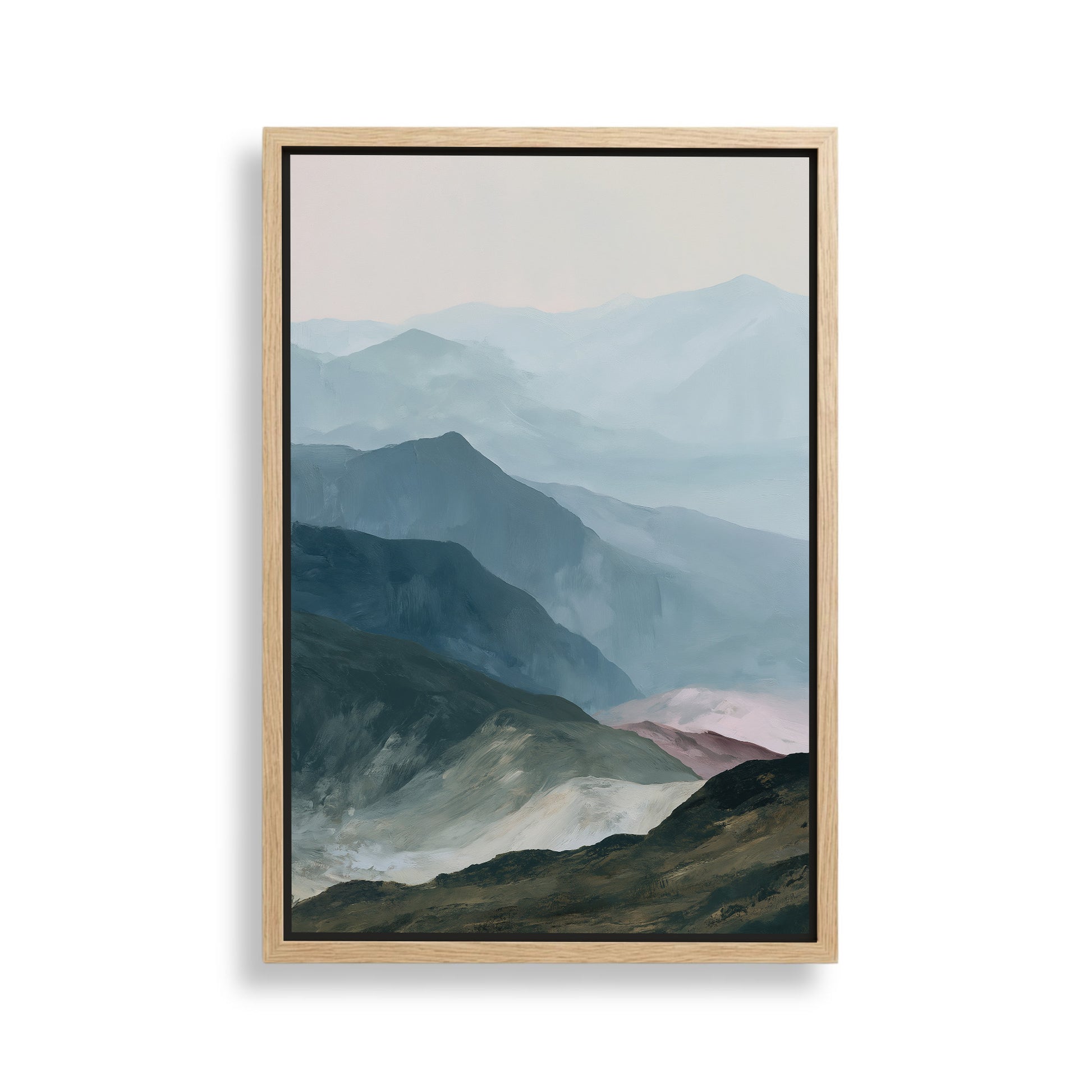 The image is a framed painting depicting a mountainous landscape with a hazy, misty atmosphere.