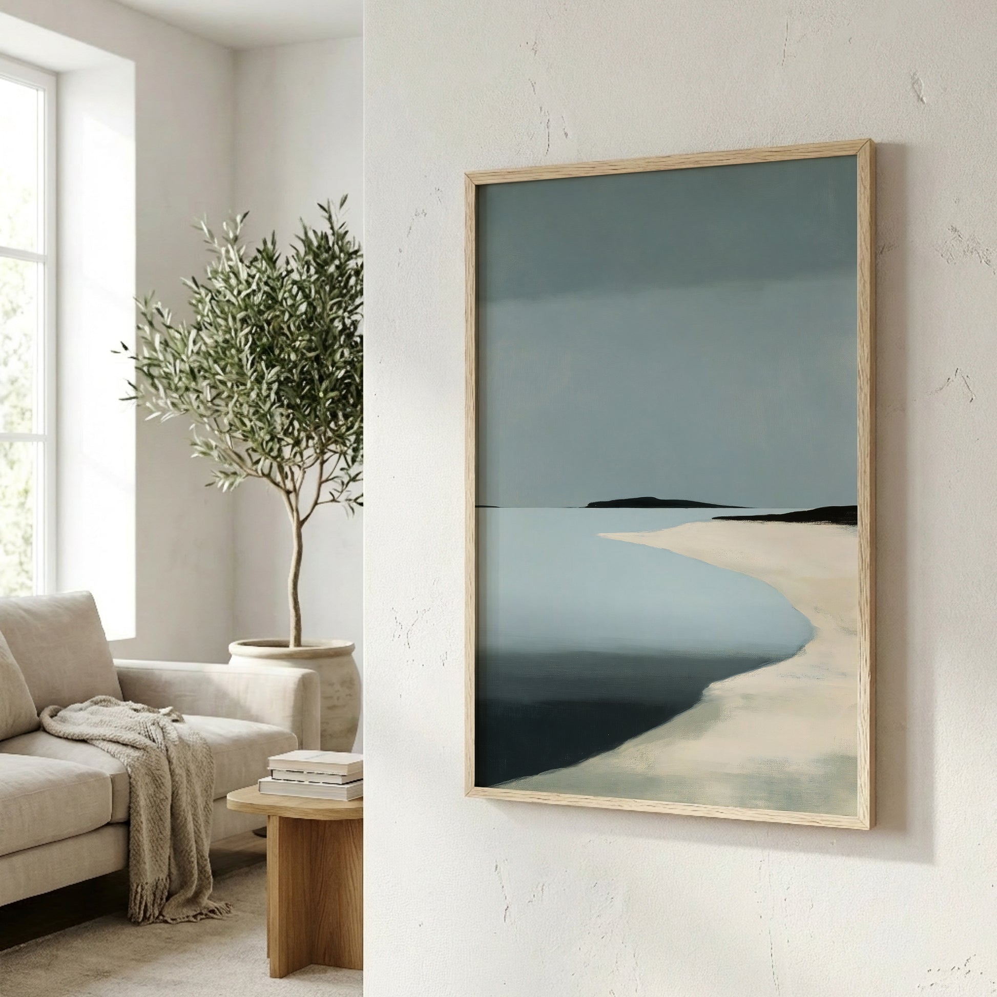 a serene indoor setting with a large painting of a beach scene hanging on the wall, a cozy couch, a potted plant, and a wooden side table.