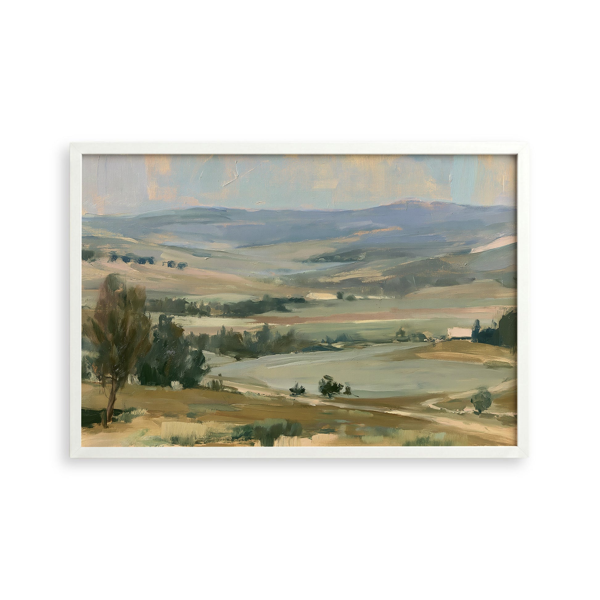 The image is a landscape painting depicting a serene countryside scene with rolling hills, trees, and a body of water in the distance.