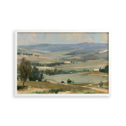 The image is a landscape painting depicting a serene countryside scene with rolling hills, trees, and a body of water in the distance.