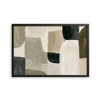The image is a framed abstract art piece featuring a variety of shapes and colors, including shades of brown, gray, and black.