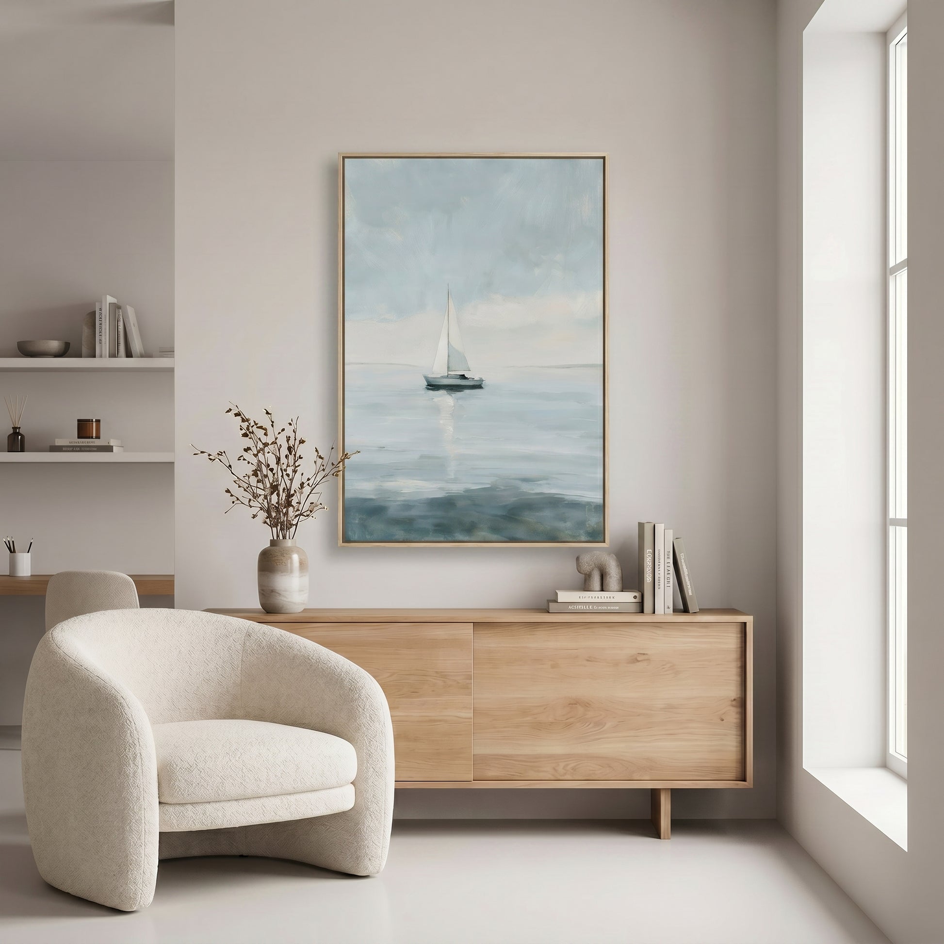 a serene living room with a large painting of a sailboat on the wall, a wooden sideboard, a white armchair, and a window.