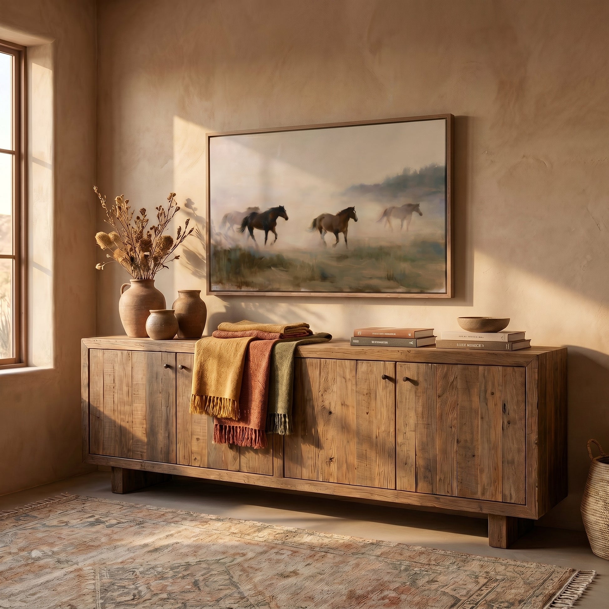 a wooden cabinet with a painting of horses on the wall above it, along with a vase of dried flowers and a woven basket on the cabinet.