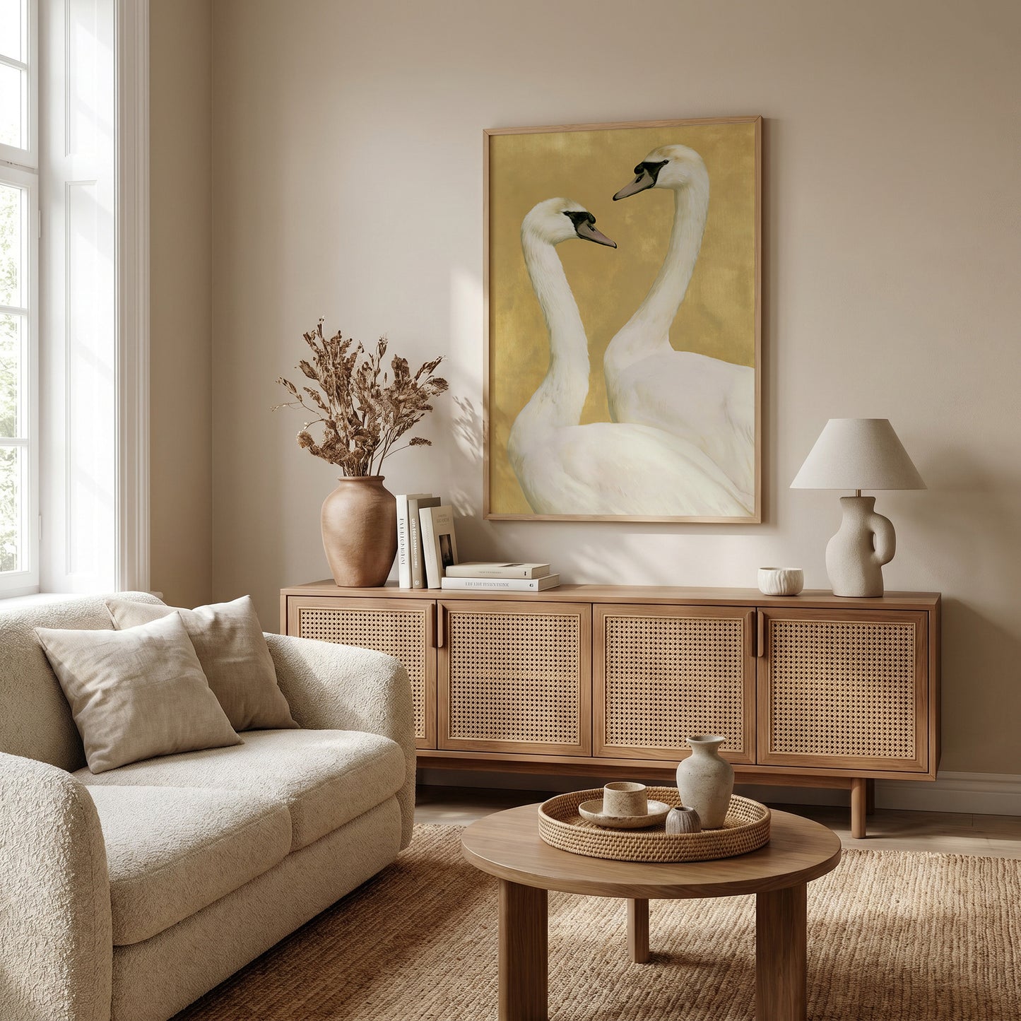a cozy living room with a large framed painting of two swans on the wall, a beige sofa, a wooden sideboard, and a round coffee table.