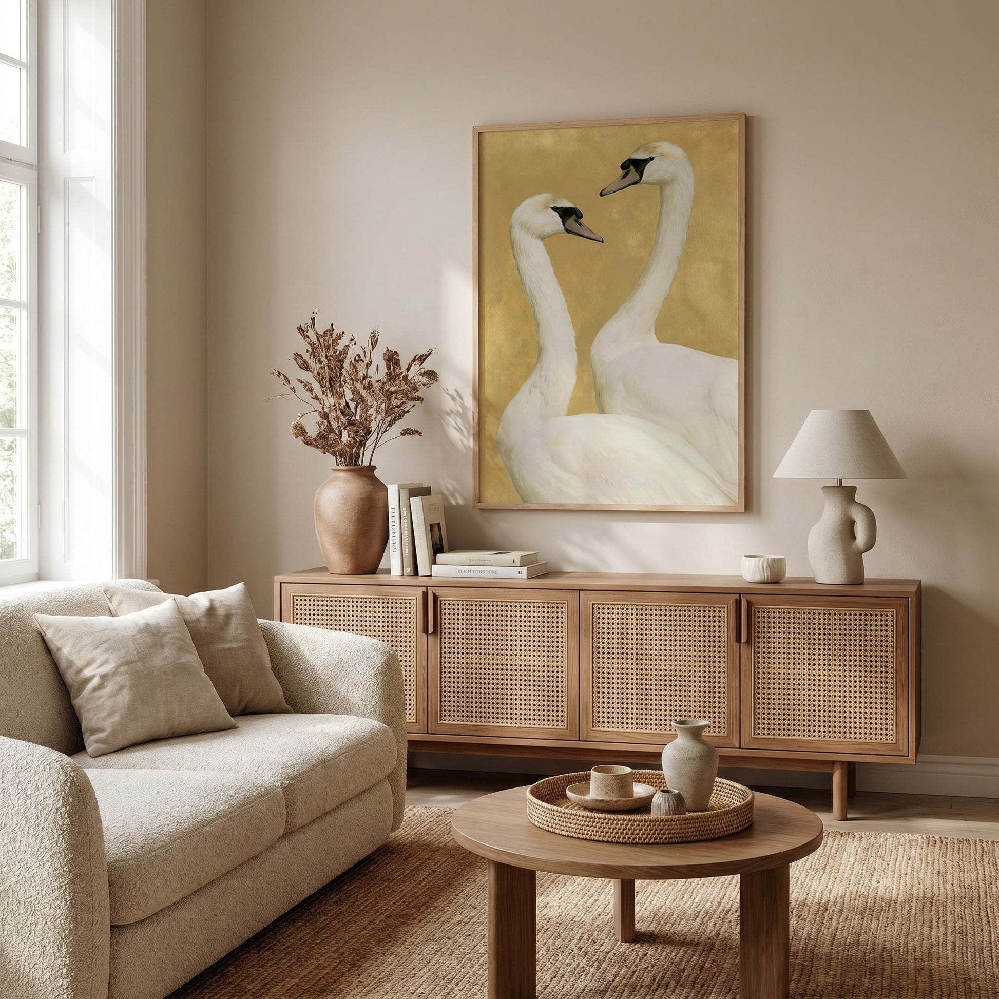a cozy living room with a large framed painting of two swans on the wall, a beige sofa, a wooden sideboard, and a round coffee table.