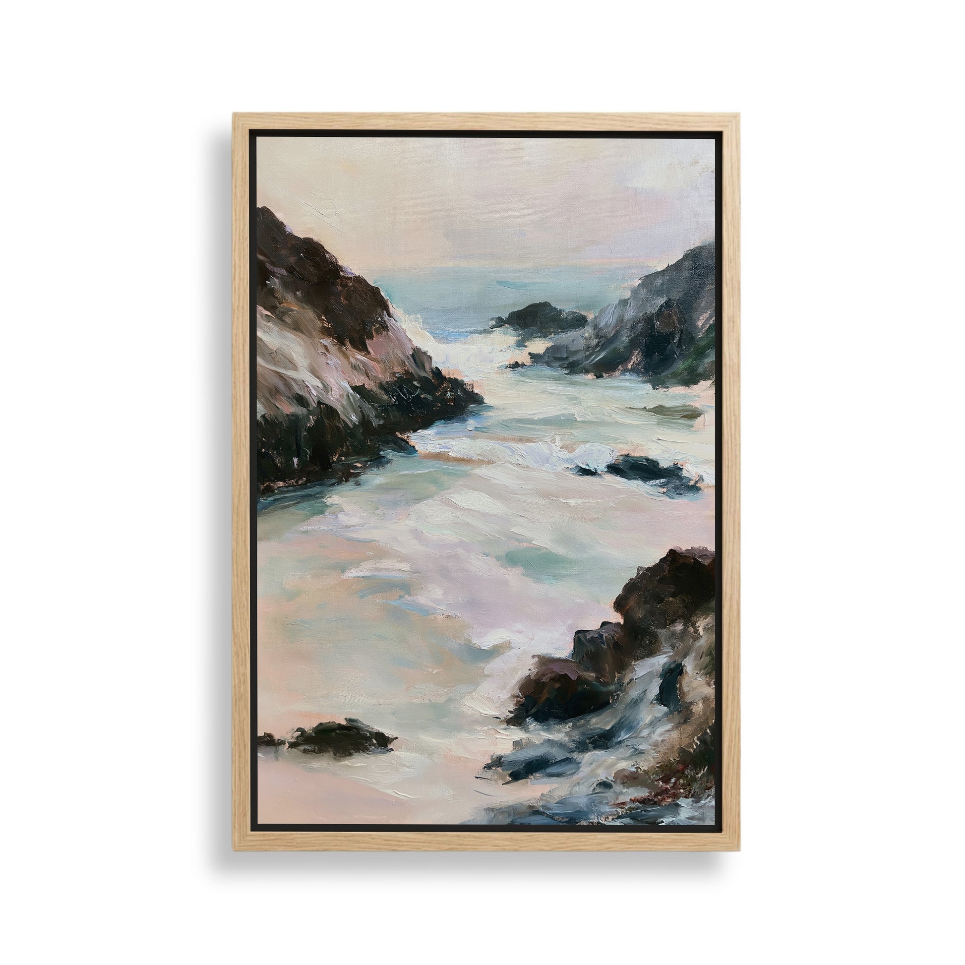 The image is a painting depicting a serene coastal landscape with rocky cliffs, crashing waves, and a hazy sky.