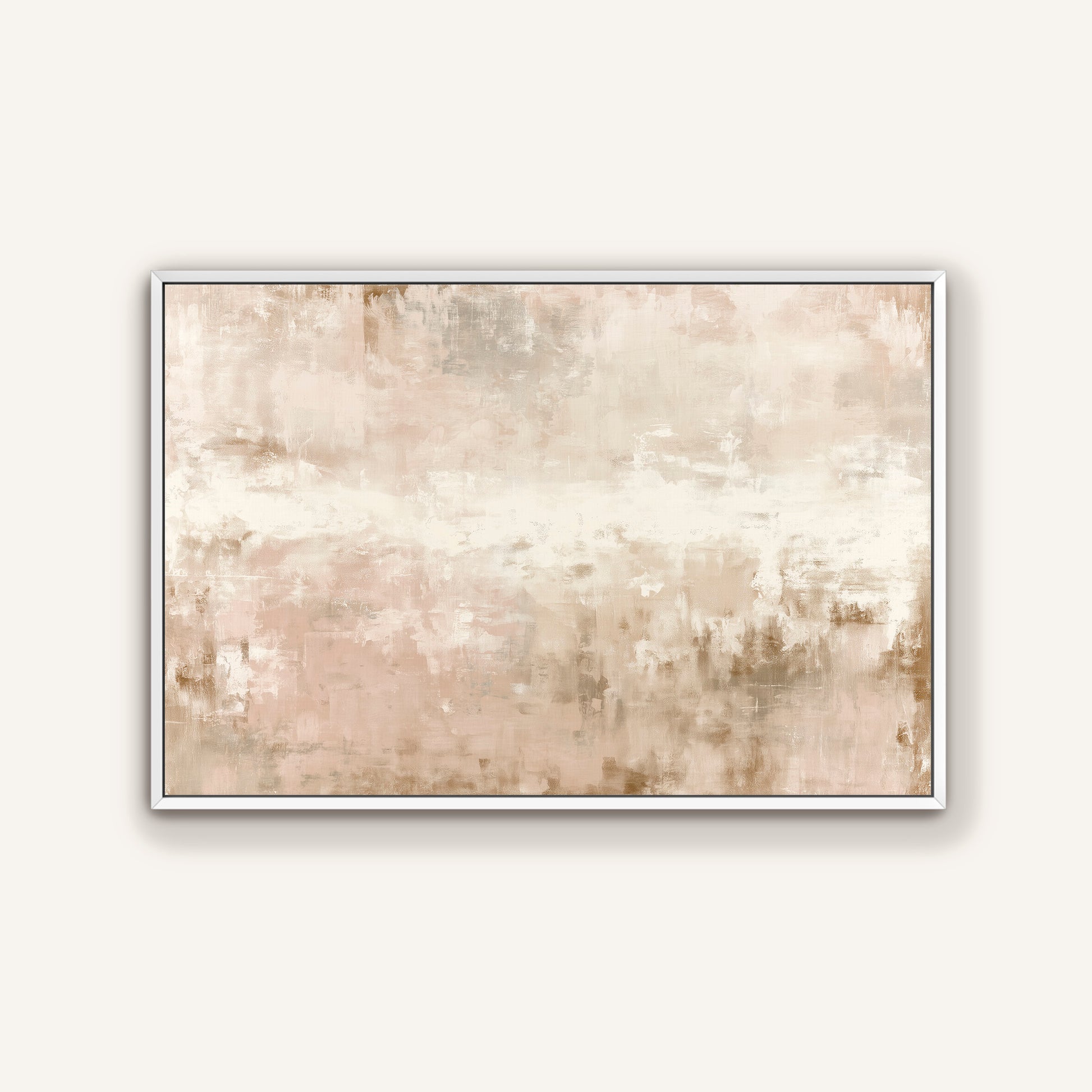 The image is a framed abstract painting with a light beige and brown color palette.