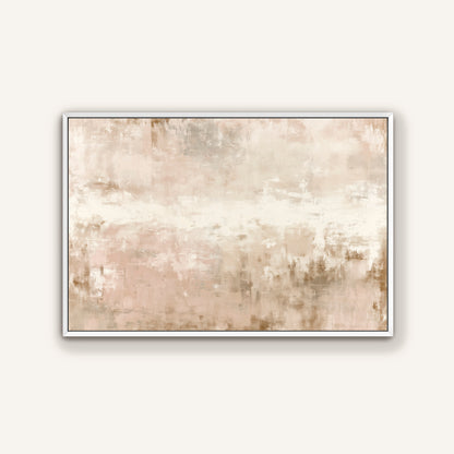 The image is a framed abstract painting with a light beige and brown color palette.