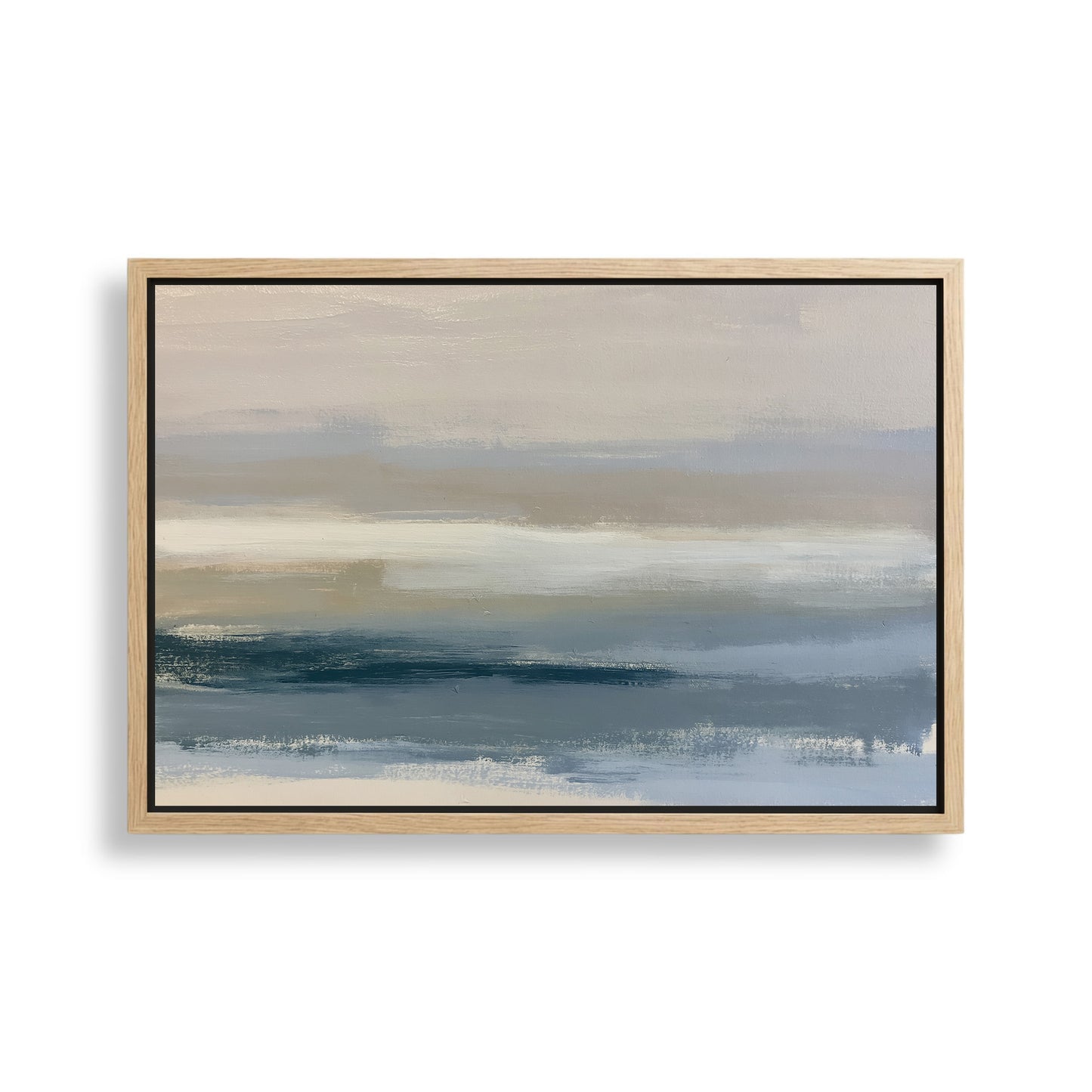 The image is a framed abstract painting depicting a serene landscape with a body of water and a cloudy sky.