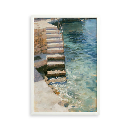 a serene scene with a set of stairs leading down to a body of water, possibly a pool or a natural pond. The stairs are made of stone and are surrounded by a stone wall. The water appears to be clear and calm, reflecting the surrounding environment. The overall composition of the image is balanced and harmonious, with the stairs and water forming a central focus.