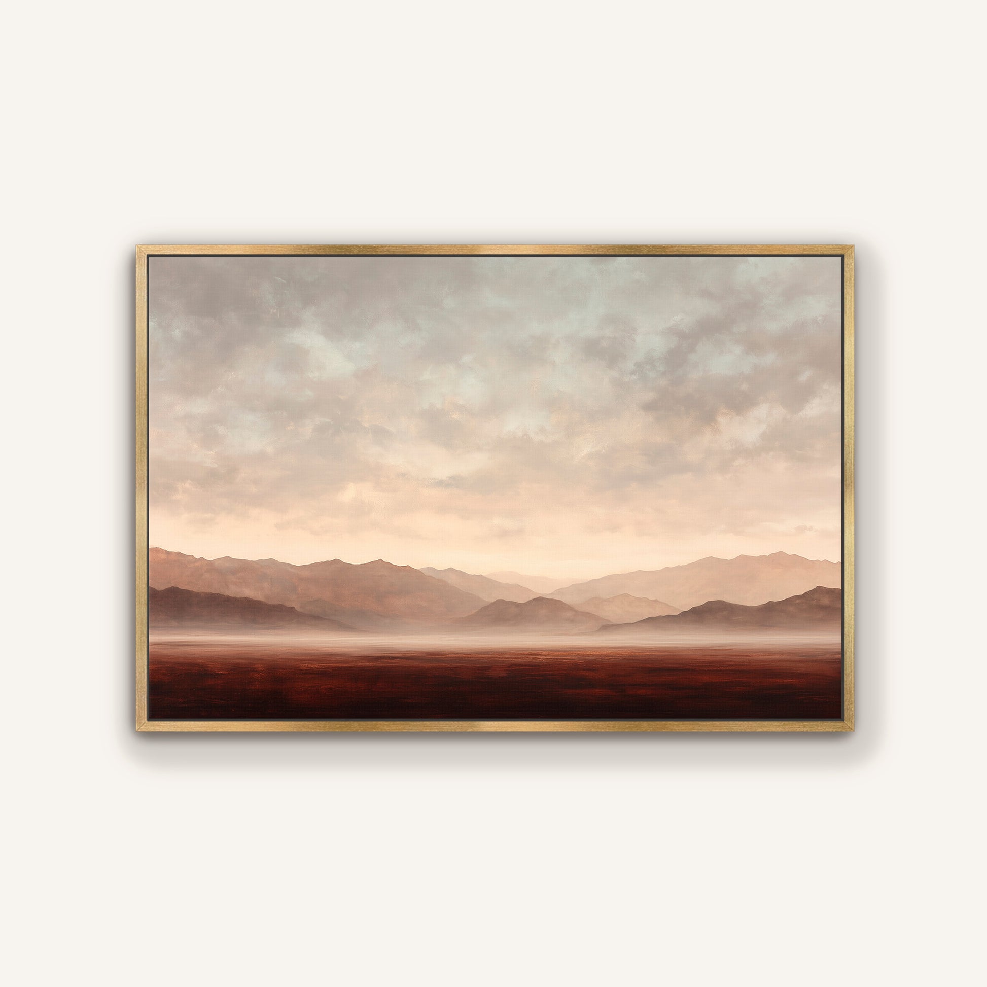 The image is a landscape painting depicting a serene scene of mountains and a body of water under a cloudy sky.