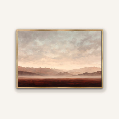 The image is a landscape painting depicting a serene scene of mountains and a body of water under a cloudy sky.