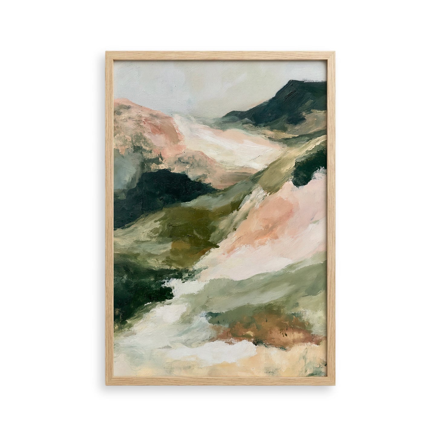 The image is an abstract landscape painting featuring a mountainous terrain with various shades of green, pink, and brown.