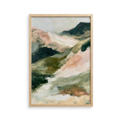 The image is an abstract landscape painting featuring a mountainous terrain with various shades of green, pink, and brown.