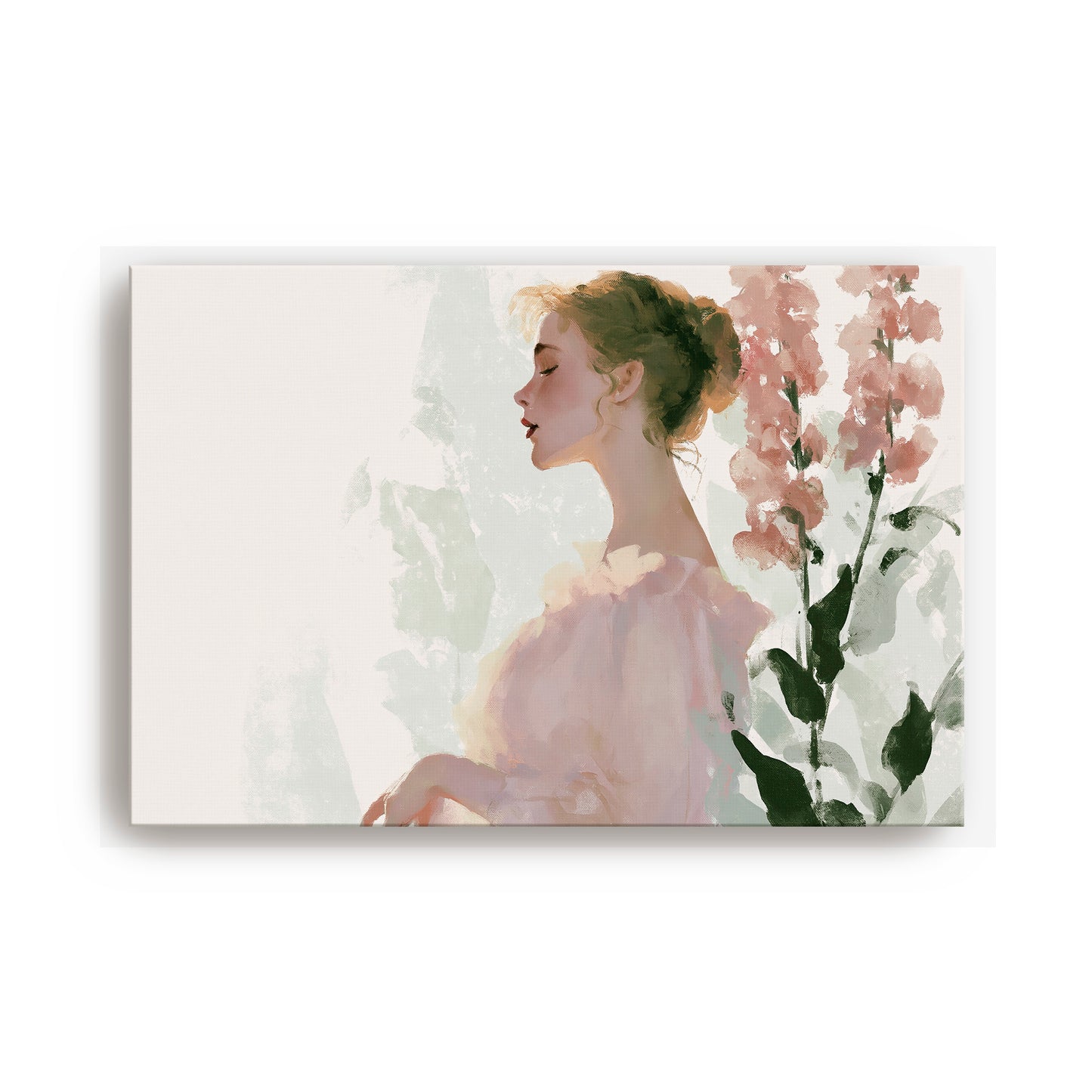 A painting of a woman with her hair in a bun, wearing a pink dress, standing in front of pink flowers.