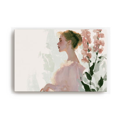 A painting of a woman with her hair in a bun, wearing a pink dress, standing in front of pink flowers.