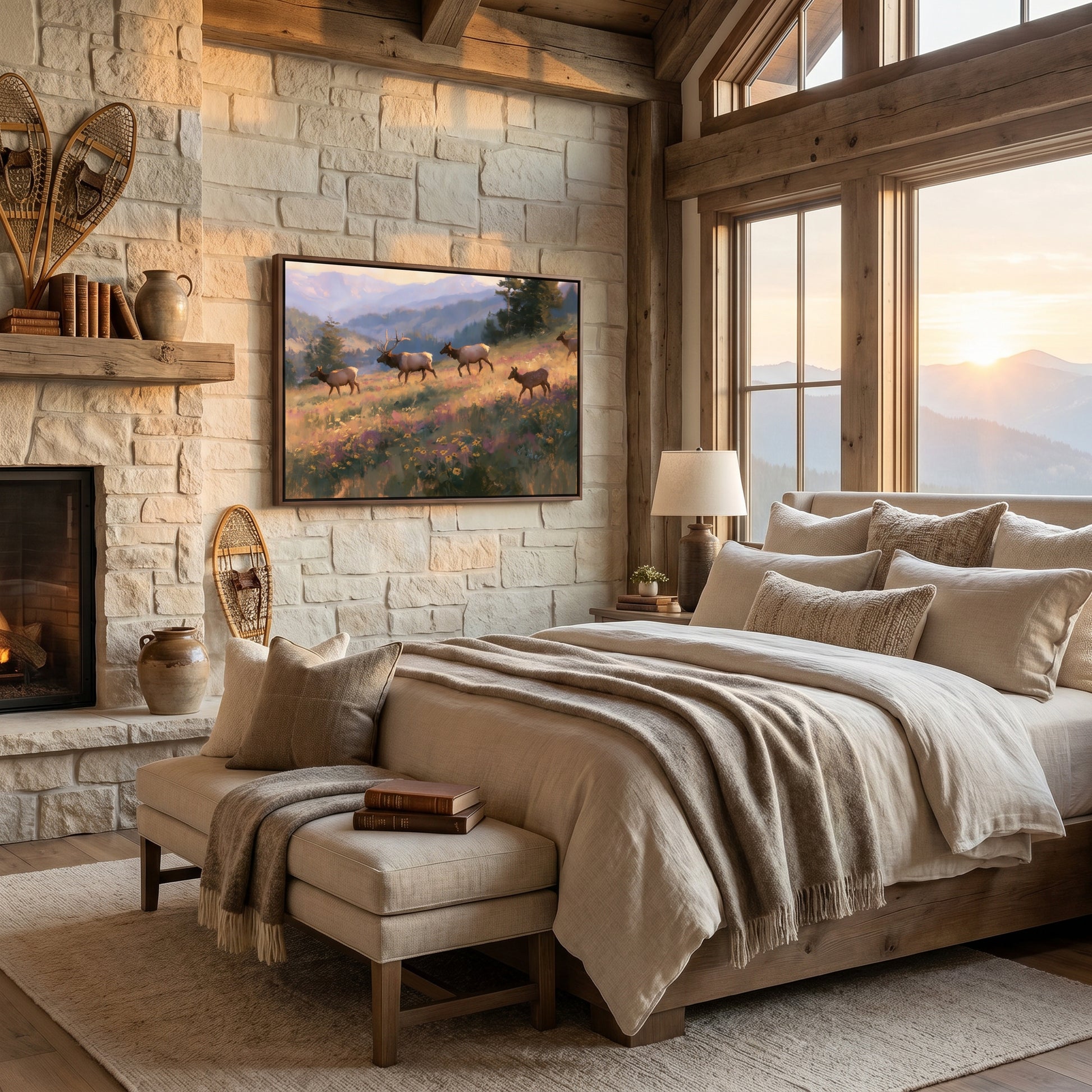 a cozy bedroom with a large bed, a fireplace, and a painting of deer in a field. The room has a rustic, cabin-like atmosphere with wooden beams and stone walls.