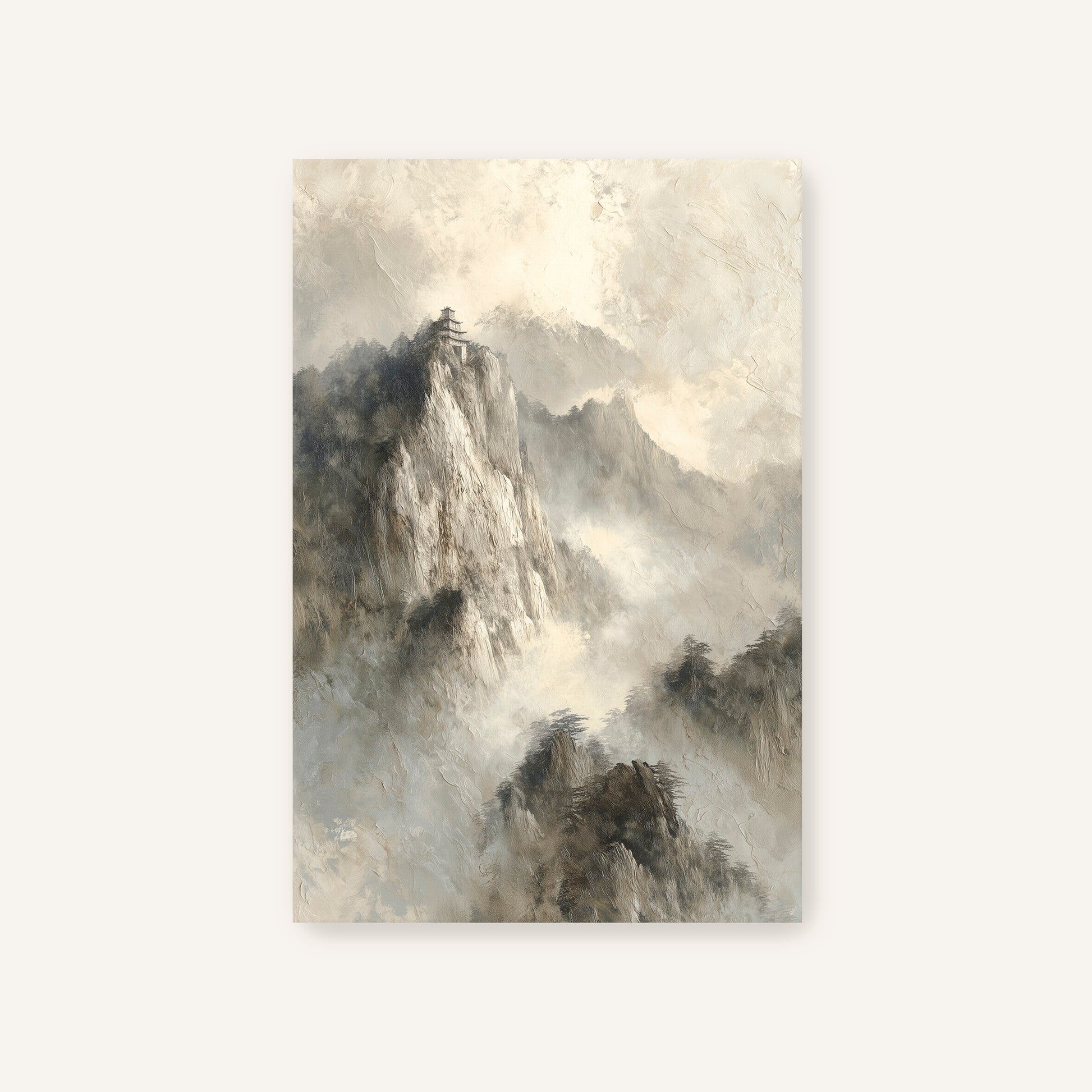 a serene mountain landscape with a small building perched atop a rocky cliff, surrounded by misty mountains and clouds.