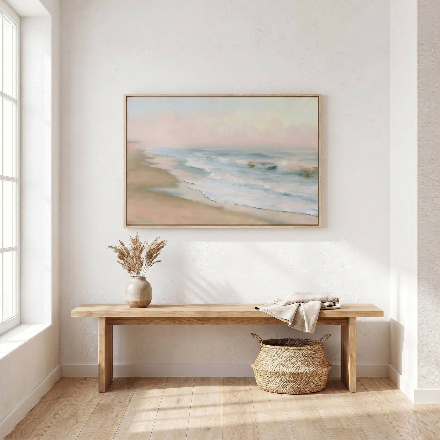 a serene indoor setting with a wooden bench, a woven basket, and a framed painting of a beach scene hanging on the wall.