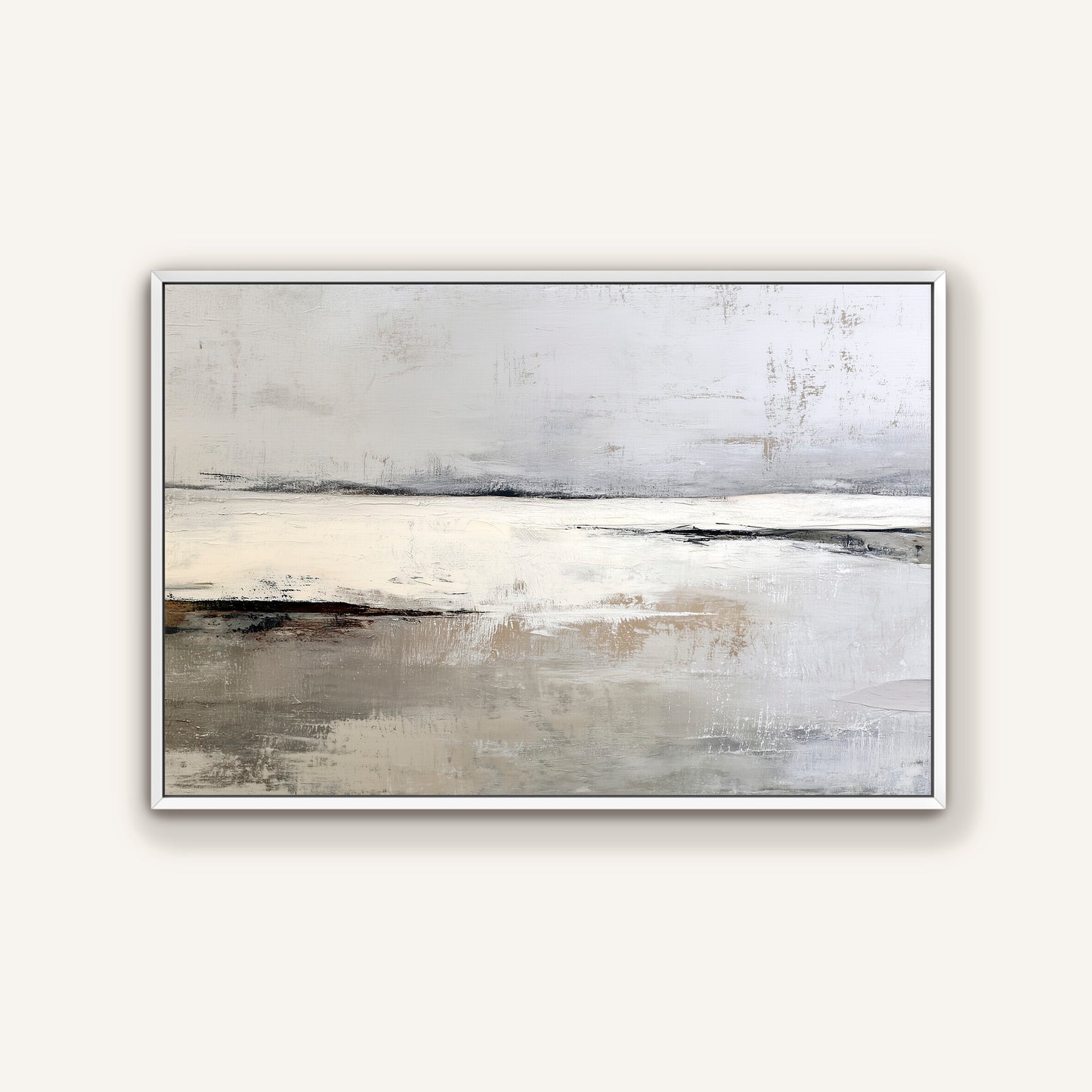 The image is a painting depicting a serene landscape with a calm body of water and a hazy sky.