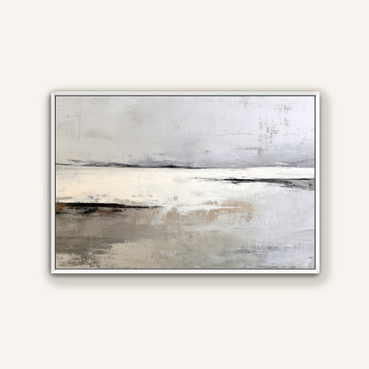 The image is a painting depicting a serene landscape with a calm body of water and a hazy sky.