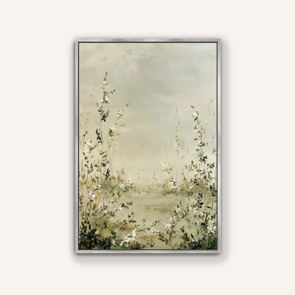 The image is a painting of a field with tall grass and white flowers, set against a cloudy sky.