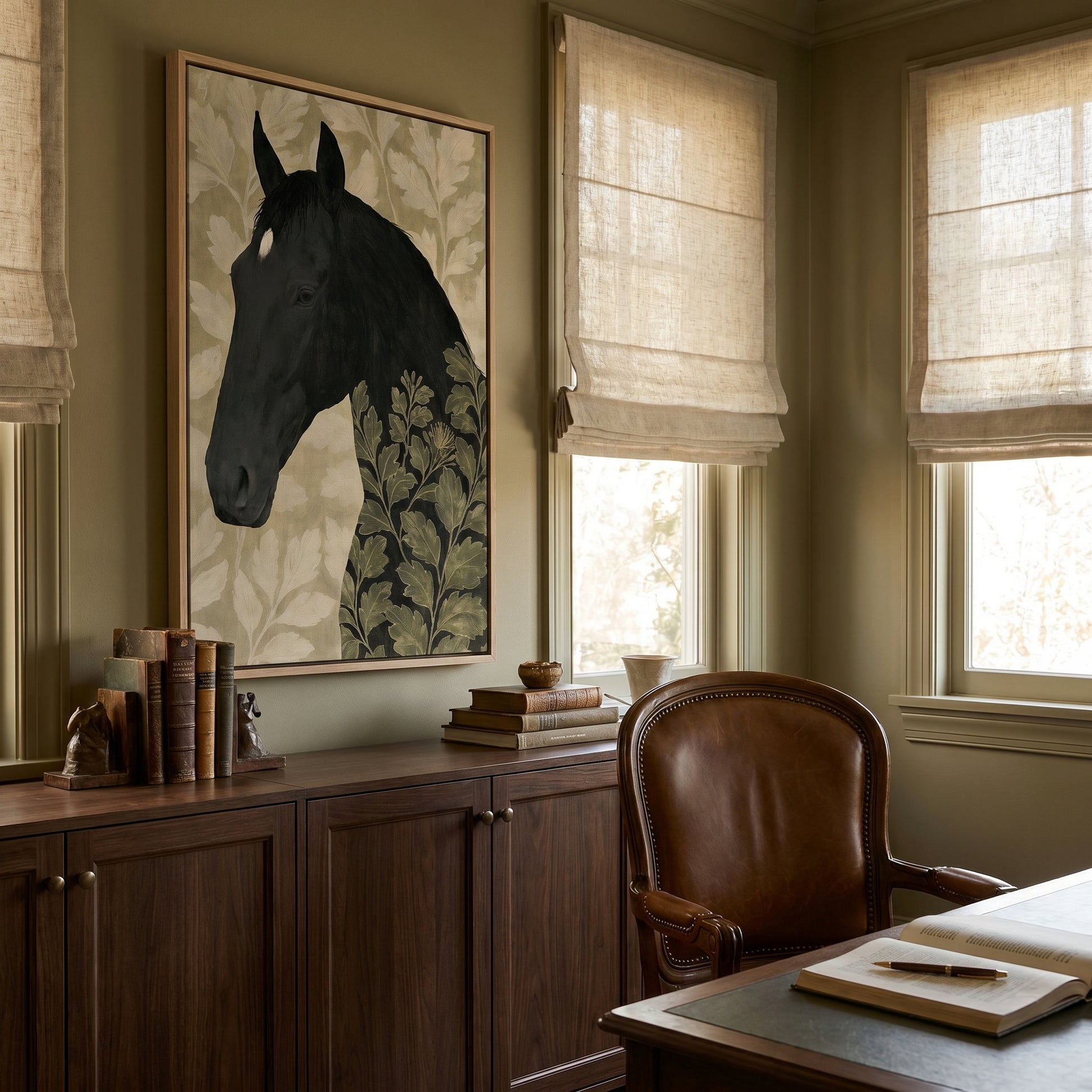 a serene and well-organized home office with a large framed picture of a horse on the wall, a wooden desk with a leather chair, and a bookshelf filled with books.