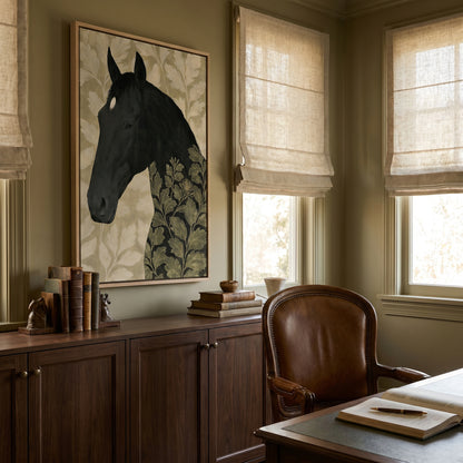 a serene and well-organized home office with a large framed picture of a horse on the wall, a wooden desk with a leather chair, and a bookshelf filled with books.