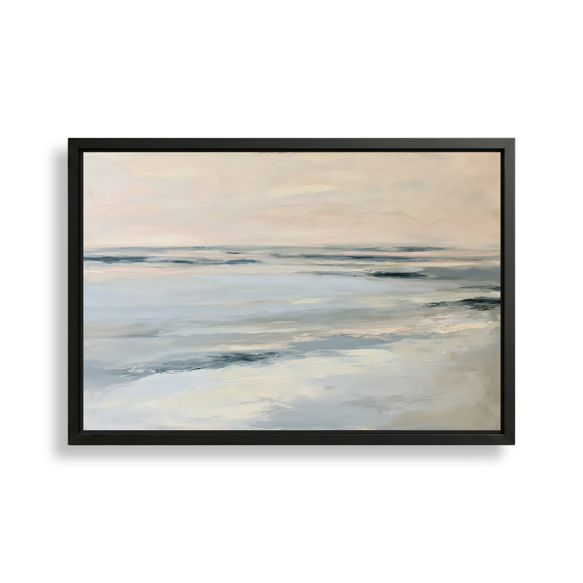 The image is a framed painting depicting a serene landscape of a calm body of water, possibly a lake or ocean, with gentle waves and a hazy, pale blue sky in the background.