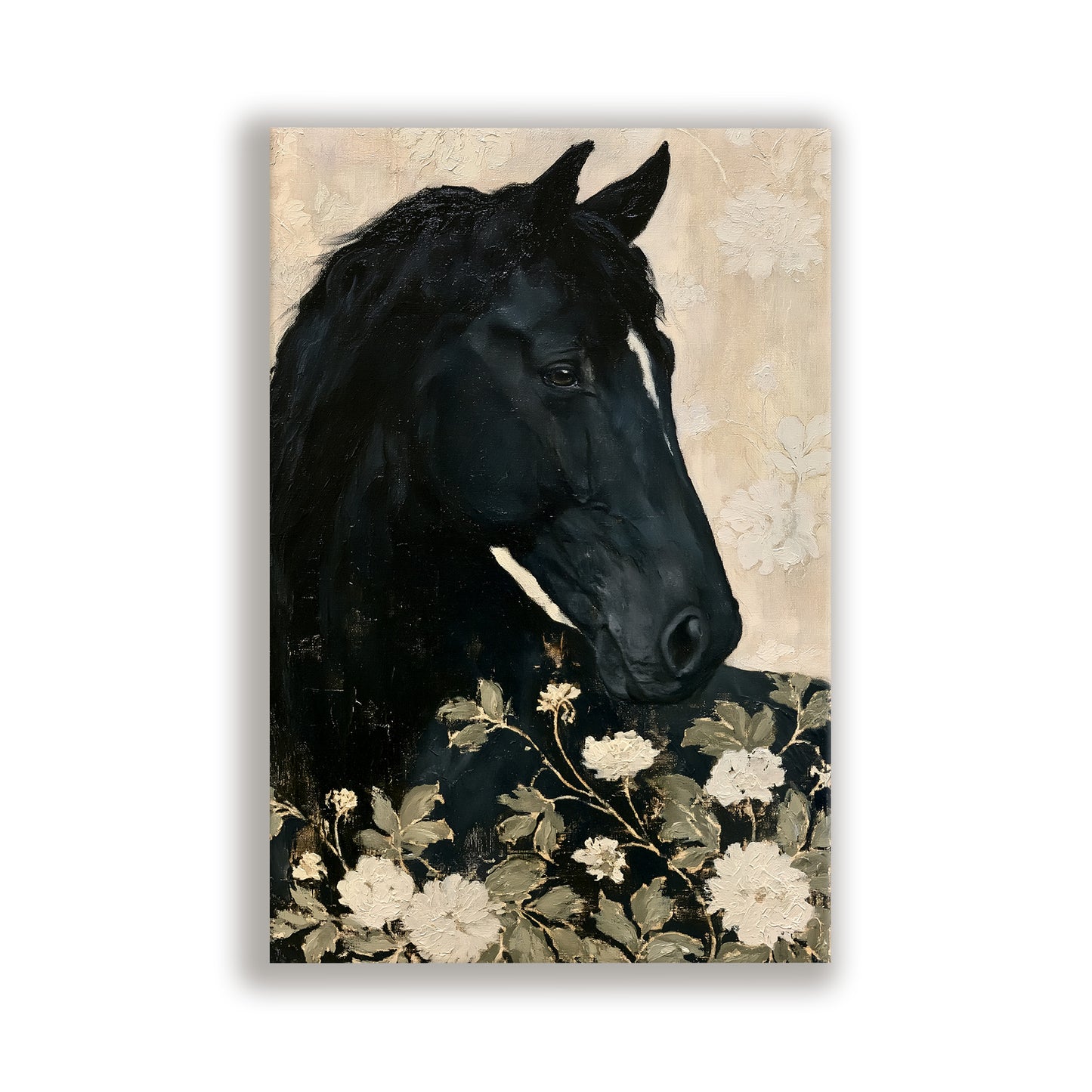 A black horse with a white blaze is depicted in a painting, surrounded by white flowers.