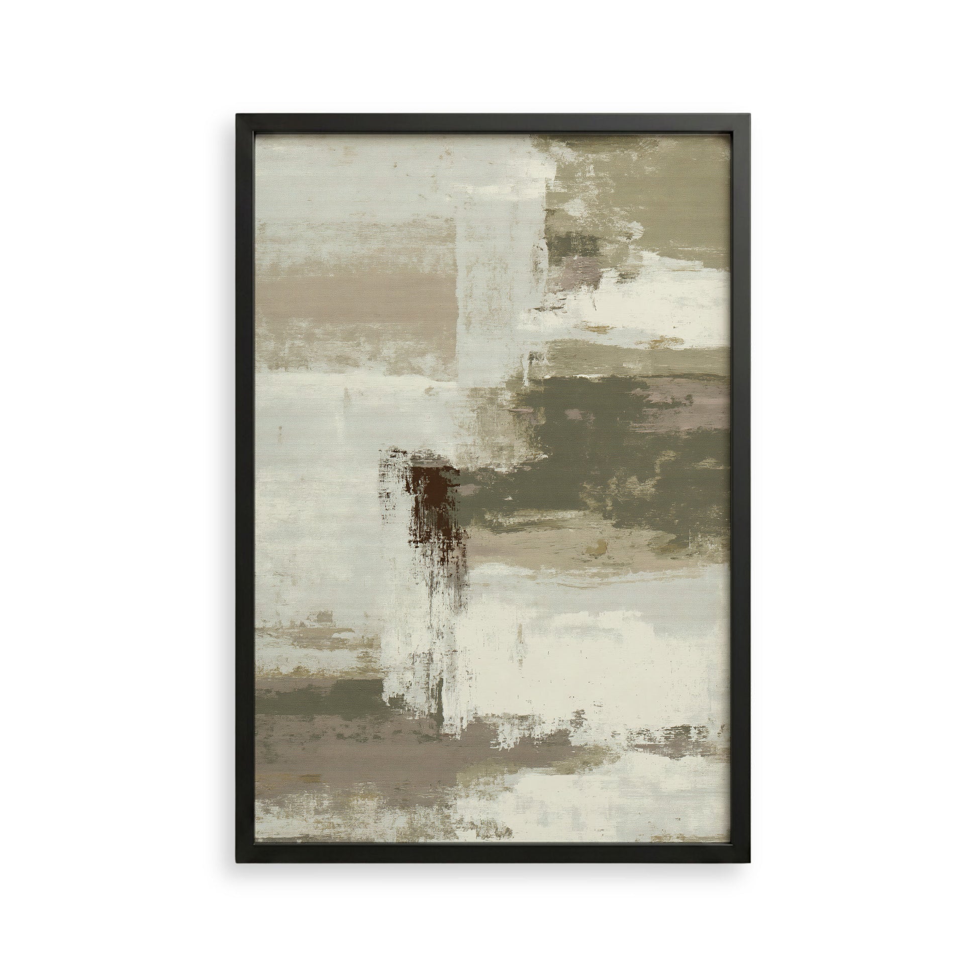 The image is a framed abstract painting with a predominantly neutral color palette of beige, gray, and brown. The painting features a variety of brushstrokes and textures, creating a sense of depth and movement.