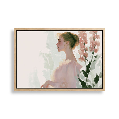 A framed painting depicting a woman with her hair in a bun, wearing a pink dress, standing in front of pink flowers.