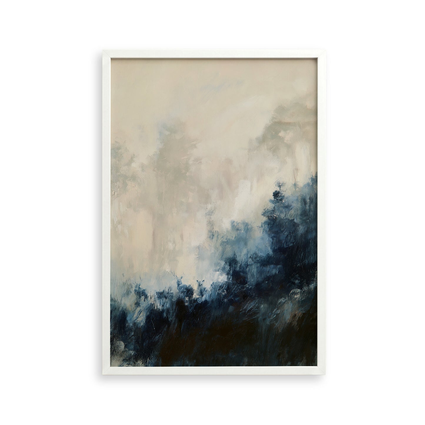 The image is an abstract painting with a predominantly blue and white color palette, featuring a landscape scene with trees and clouds.