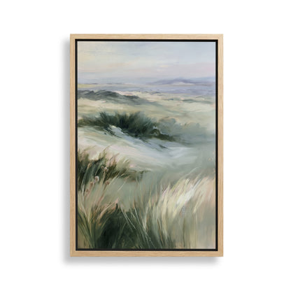 The image is a painting of a landscape with a field of tall grass and a hazy, pale blue sky in the background.
