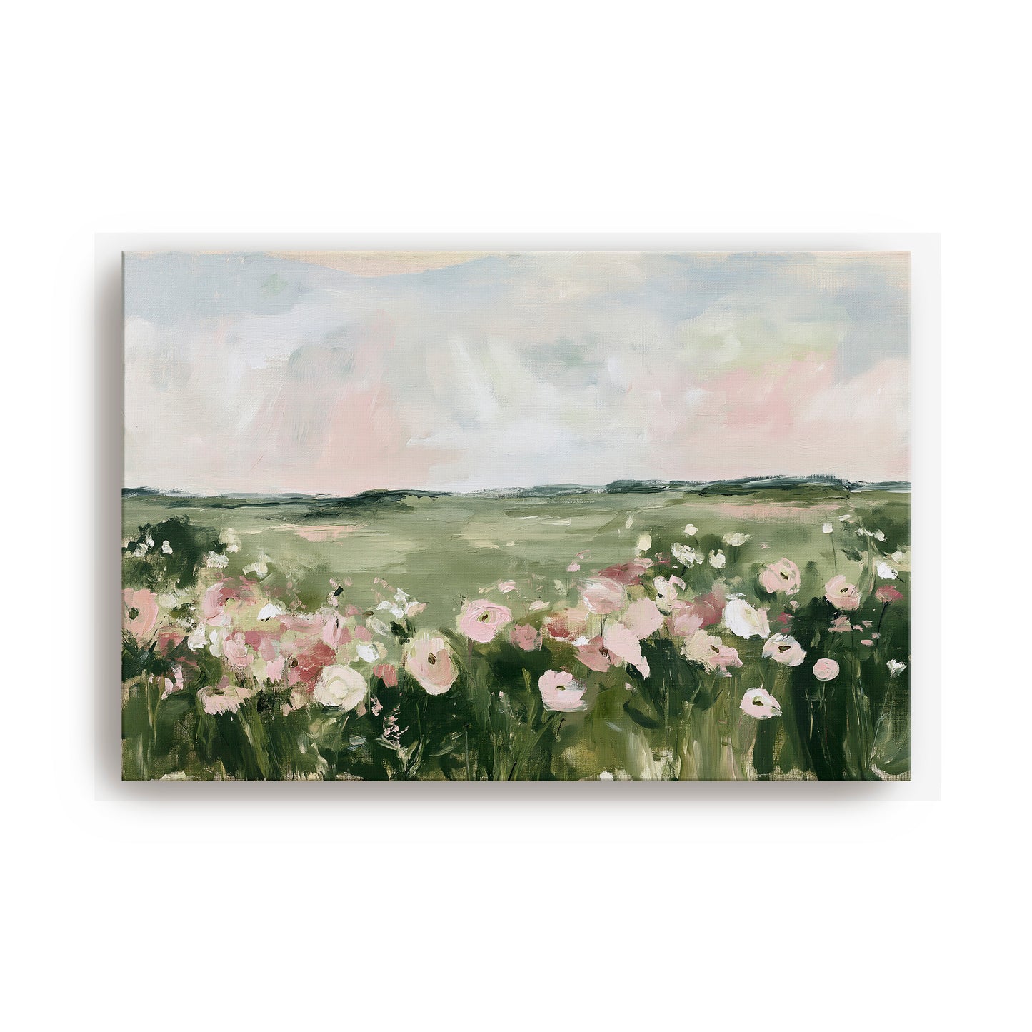 The image is a painting depicting a field of flowers with a cloudy sky in the background.