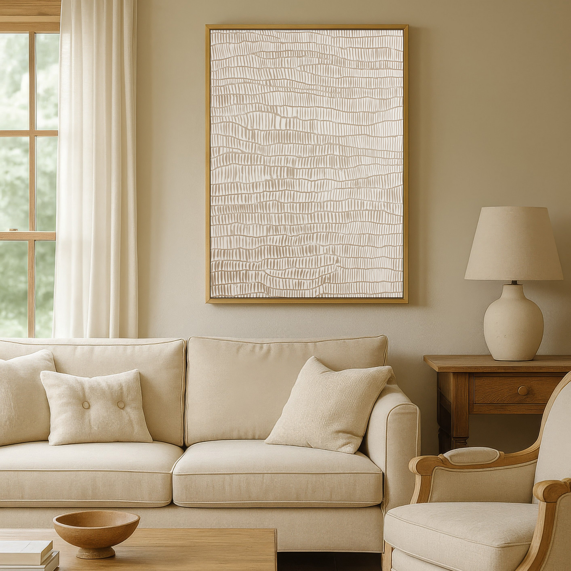 a cozy living room with a beige sofa, a wooden coffee table, and a framed abstract artwork on the wall.