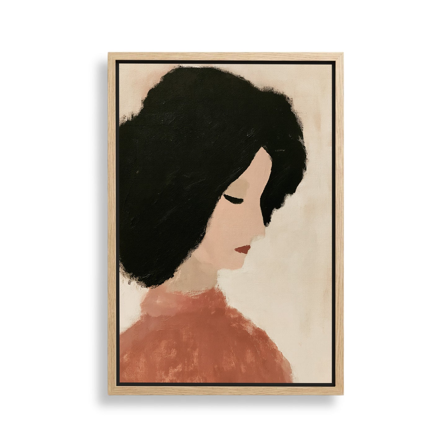 The image is a framed painting depicting a woman with a pensive expression, wearing a red top.