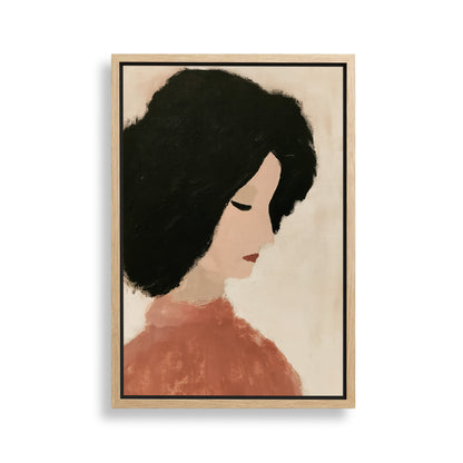 The image is a framed painting depicting a woman with a pensive expression, wearing a red top.