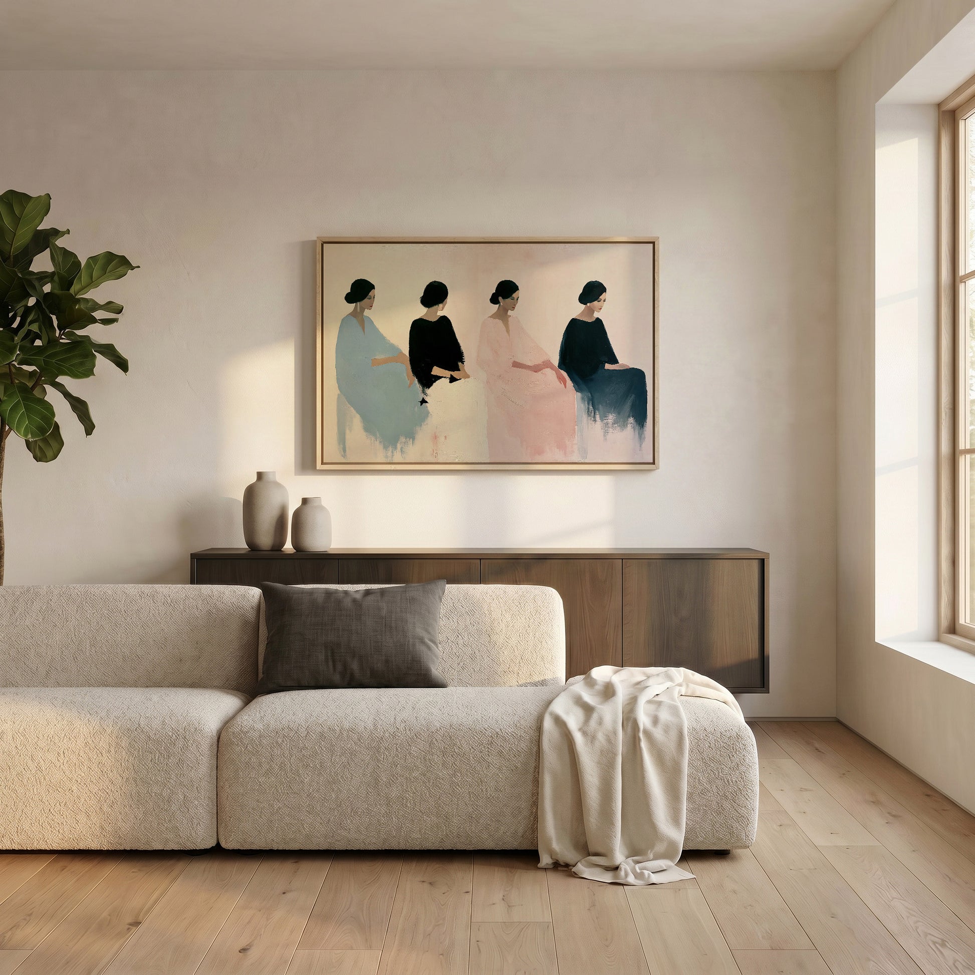 a modern living room with a large, abstract painting of four women in colorful dresses hanging on the wall above a beige sofa.