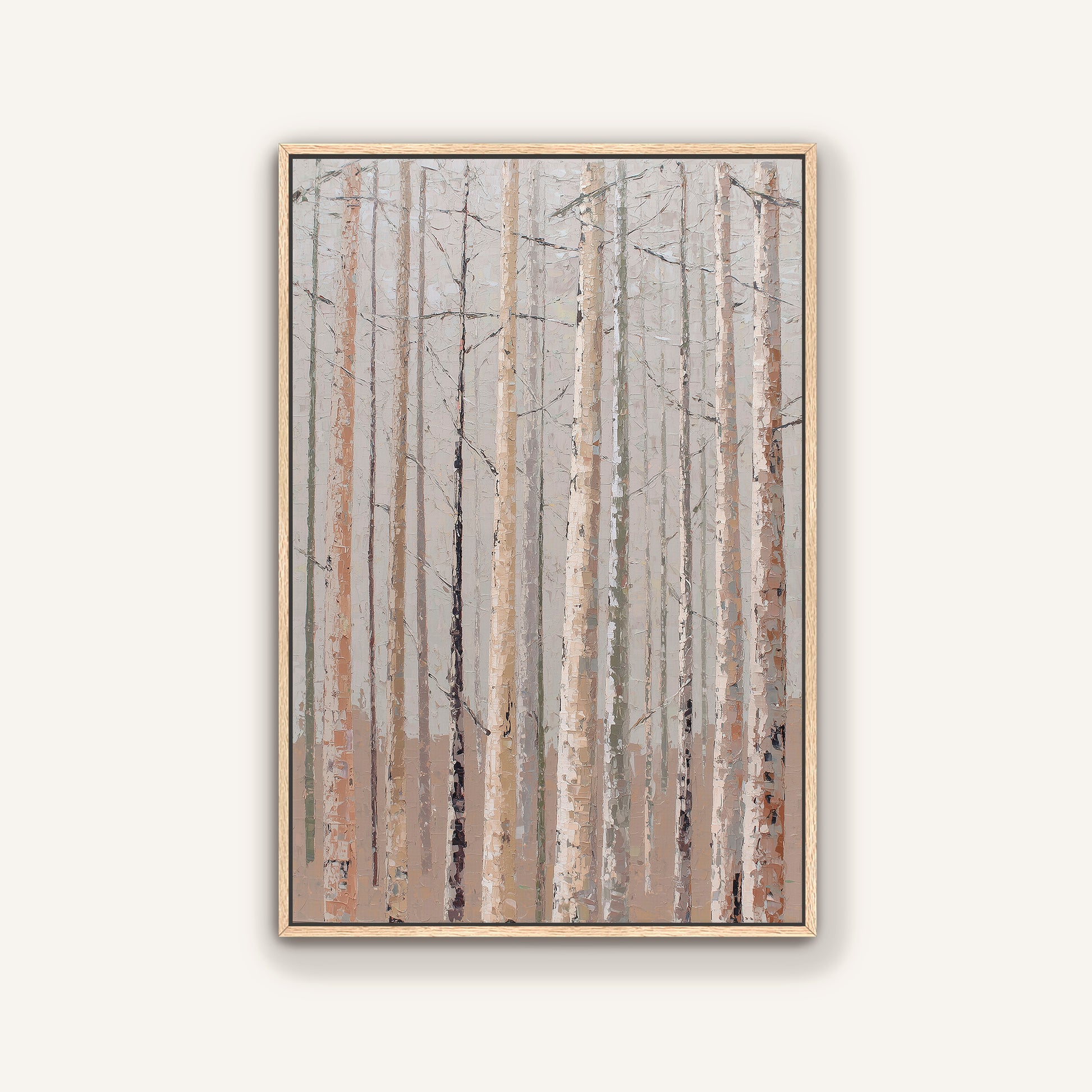 The image is a painting of a forest with tall trees, depicting a serene and natural landscape.