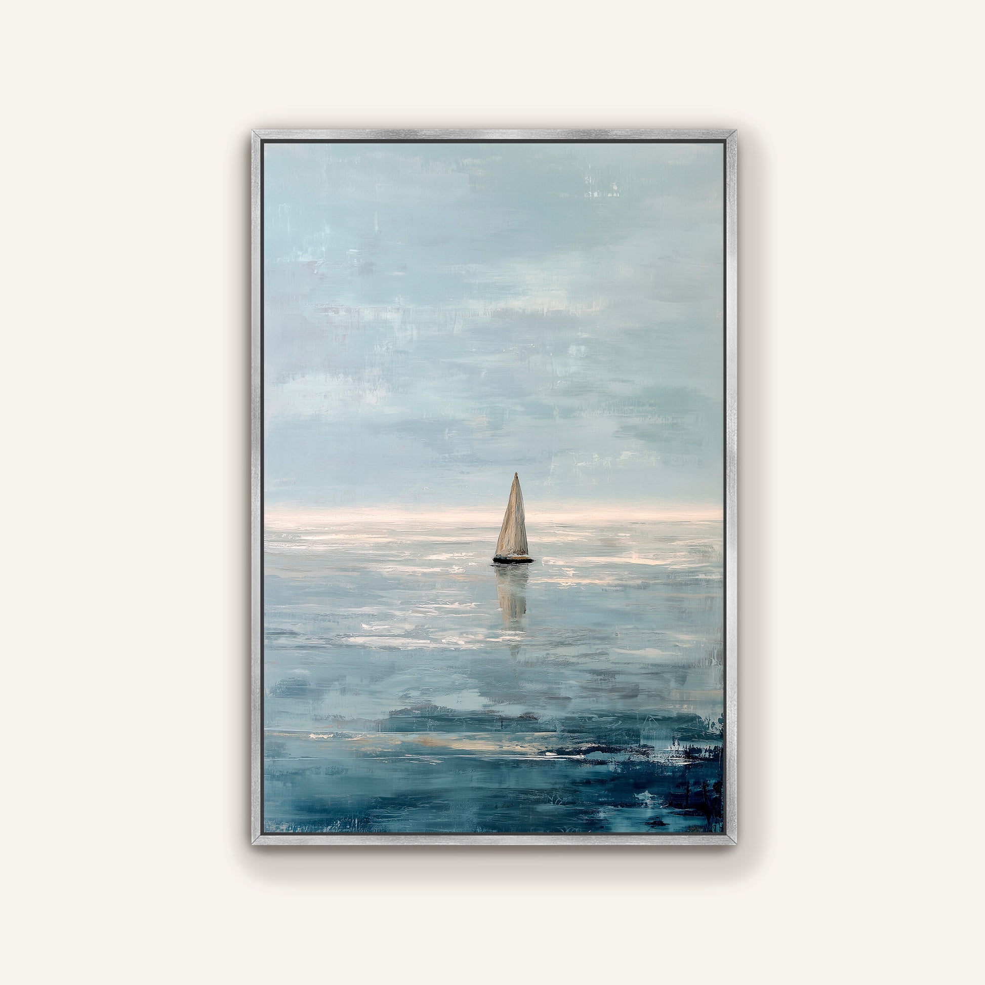 a sailboat on the water, with a cloudy sky in the background.