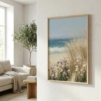 a serene living room with a large window overlooking a picturesque beach scene, featuring a lush green tree and a field of flowers.