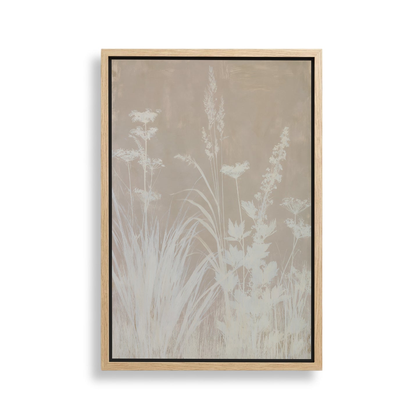 The image is a framed artwork depicting a field of tall grasses and plants, with a neutral color palette and a simple, minimalist design.